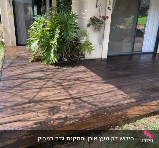 דק עץ כהה עם צמחייה ירוקה ליד קיר בית